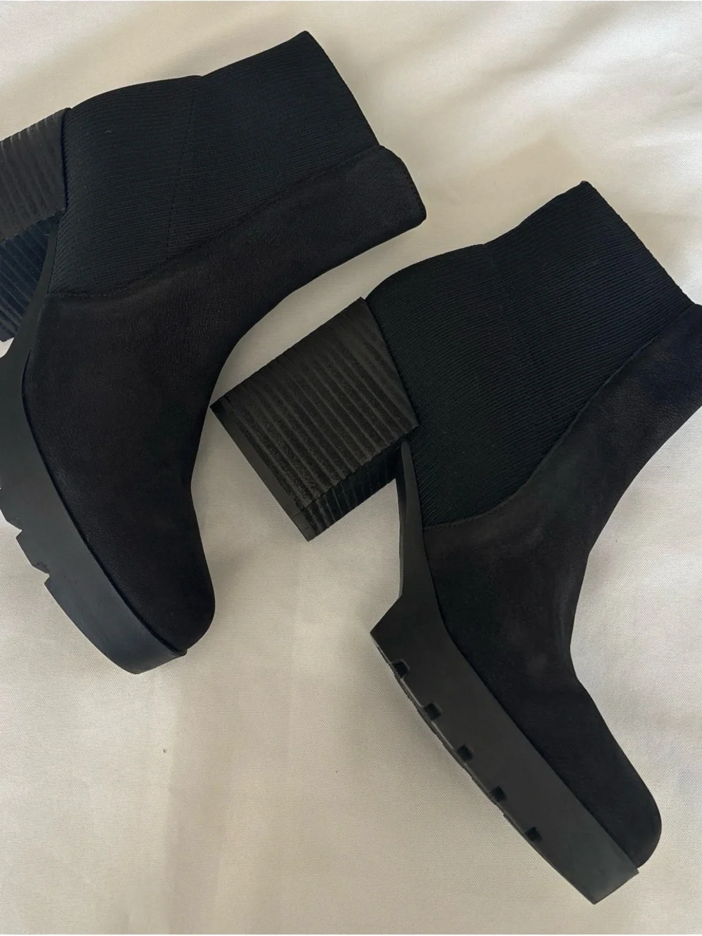 Eileen Fisher Black Stretch Suede Ankle Booties with Block Heel and Lug Sole